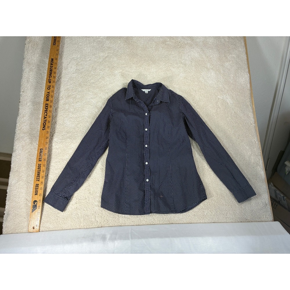 LL Bean Signature Women 8 Navy Blue Polka Dot‎ Cotton Button Down Shirt 286872